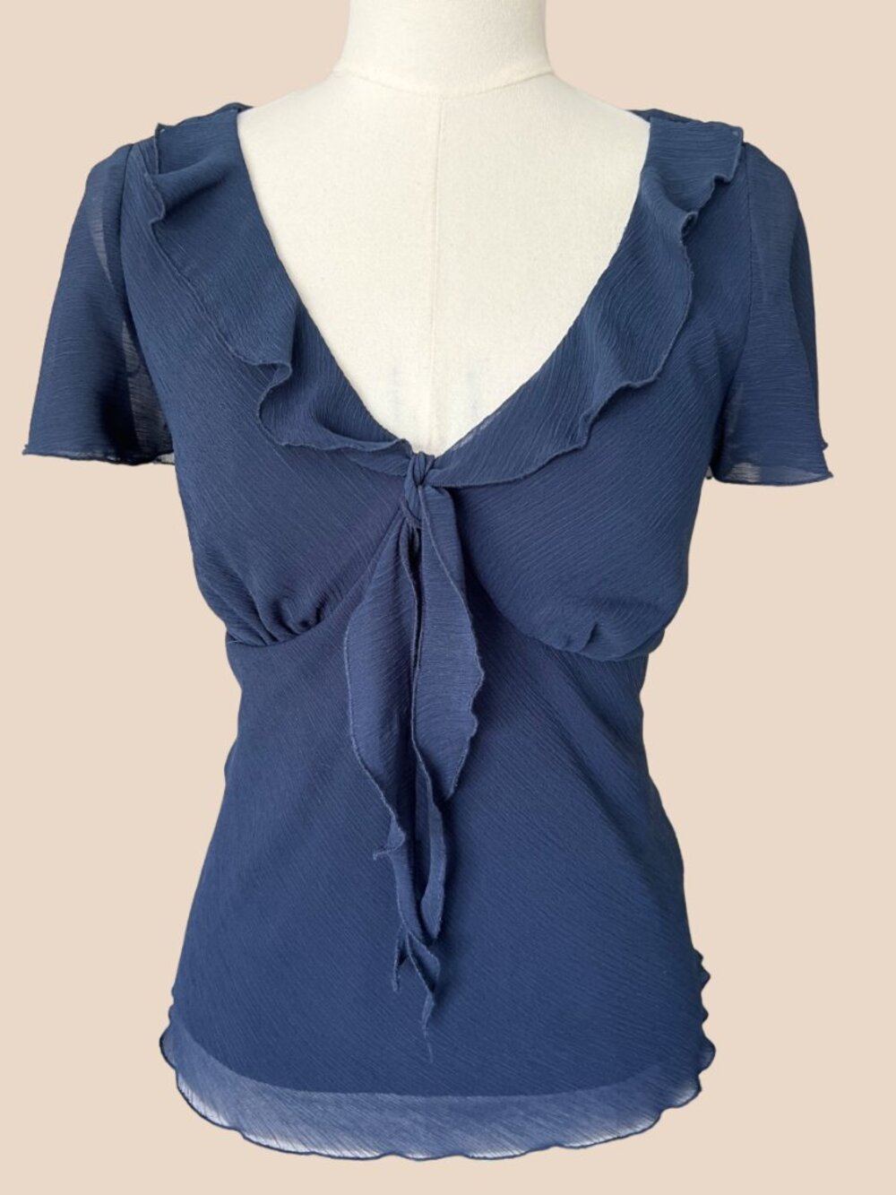 Y2K Navy Sheer Tie Front Ruffle Top